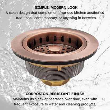 Westbrass A214-11 3-1/2" Post Style Large Kitchen Sink Basket Strainer, Antique Copper