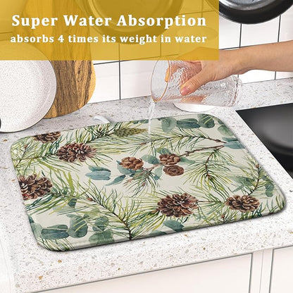 Winter Dish Drying Mat for Kitchen Counter 16x18 Christmas Evergreen Leaves Pinecone Holiday Theme Absorbent Reversible Microfiber Drying Mats Kitchen Countertop Protector Dishes Drainer Pad