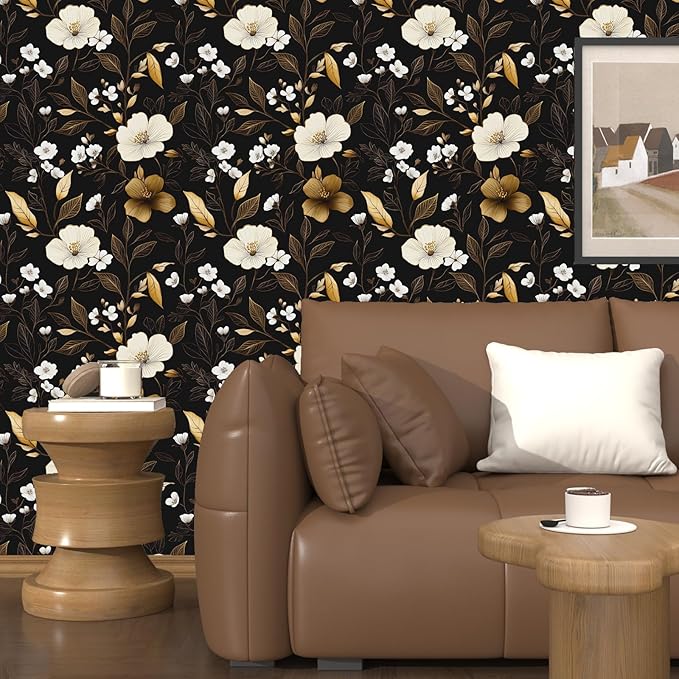 Fvlow Dark Floral Wallpaper Peel and Stick 17.4" x 394", Vintage Golden Contact Paper Waterproof Moody Self Adhesive Covering for Bedroom Cabinet Bathroom, Retro Flower Pattern Design Wall Decor Black