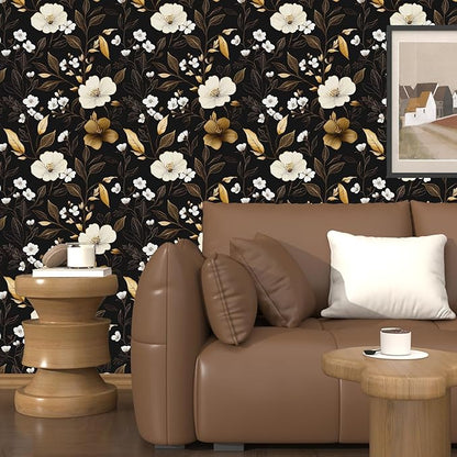 Fvlow Dark Floral Wallpaper Peel and Stick 17.4" x 394", Vintage Golden Contact Paper Waterproof Moody Self Adhesive Covering for Bedroom Cabinet Bathroom, Retro Flower Pattern Design Wall Decor Black