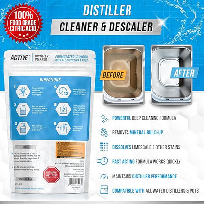 ACTIVE Distiller Descaler Citric Acid Cleaner - 2 Lb Bulk for Cleaning Water Distillers, Pure Citrus Acid Crystals Universal Residue Descaling Portable Distiller, Kettle, Boiler, Dispenser