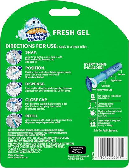 Scrubbing Bubbles Fresh Gel Toilet Bowl Cleaning Stamps, Automatic & Continuous Bathroom Toilet Cleaner Helps Prevent Limescale & Rings, Rainshower Scent, 1 Dispenser with 12 Stamps (6 Count)