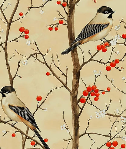 Vintage Bird Wallpaper Peel and Stick, Yellow/Red Botanical Fruits Contact Paper, Retro Floral Wall Paper Self Adhesive Removable Waterproof for Bedroom Walls Shelves Cabinet Drawer Table 17.5" x 118"