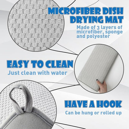2 Pack Microfiber Dish Drying Mat,24 x 17 inch Super Absorbent Drying Pad,Large Size Dish Drying Mat for Countertops,Sinks,Draining Racks,Gray