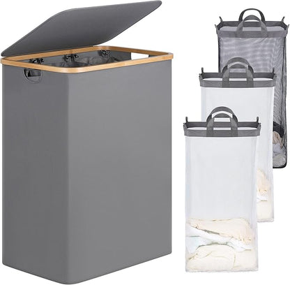 efluky Laundry Hamper with Lid, Trio Laundry Hamper with 3 Removable Bags, 3 Section Laundry Basket with Bamboo Handles for Bathroom, Bedroom & Laundry Room, 160L Silver Grey