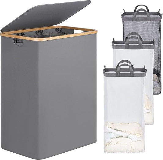 efluky Laundry Hamper with Lid, Trio Laundry Hamper with 3 Removable Bags, 3 Section Laundry Basket with Bamboo Handles for Bathroom, Bedroom & Laundry Room, 160L Silver Grey
