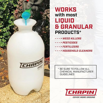 Chapin 20005 Pump Sprayer, 2‑Gallon, Lawn & Garden, Translucent Poly Tank, Funnel‑Top, SureSpray Anti‑Clog Filter, Adjustable Cone Nozzle & 34" Hose for Fertilizer, Weed & Pest Application