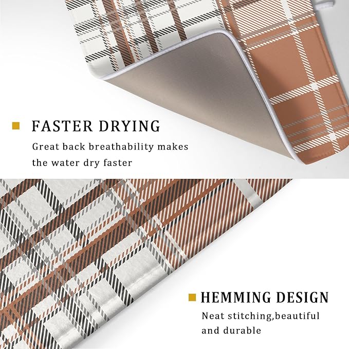 Brown White Buffalo Plaid Dish Drying Mat 18 x 24 Inch With Absorbent Reversible Microfiber Retro Checkered Tartan Farmhouse Drying Mats Dish Drainer Mat Fast Dry For Kitchen Dining Room Decoration
