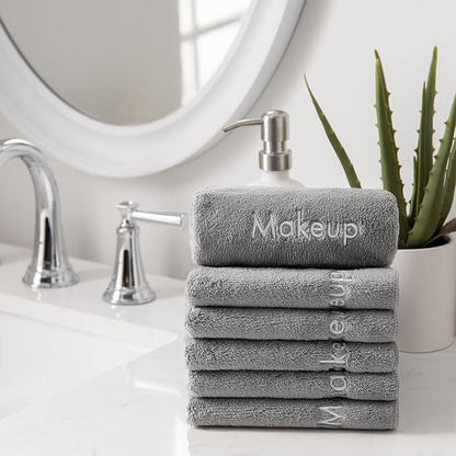 Arkwright Makeup Remover Fingertip Towels 6 Pack - Microfiber Coral Fleece Face Towels, Ultra Soft Reusable Washcloths, Gentle Facial Cleansing for Waterproof Makeup, 11 x 17, Grey