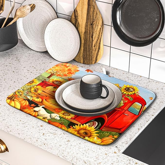 Autumn Pumpkin Red Truck Dish Drying Mat for Kitchen Counter,Fall Leaves Sunflower Cue Dog Harvest Drying Mat 16 x 18 Inch Microfiber Dish Drying Pad Dish Rack Drainer Mat for Coffee Bar