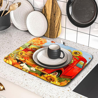 Autumn Pumpkin Red Truck Dish Drying Mat for Kitchen Counter,Fall Leaves Sunflower Cue Dog Harvest Drying Mat 16 x 18 Inch Microfiber Dish Drying Pad Dish Rack Drainer Mat for Coffee Bar