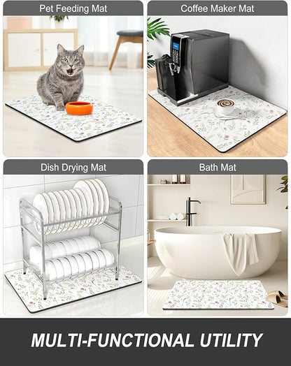Rnivvi Dish Drying Mat for Kitchen Counter, 12 x 19" Cute Flower Theme Super Absorbent Draining Pad, Non-Slip Heat Resistant Coffee Bar Mat for Coffee Machine Station Accessories, White Dish Rack Pad