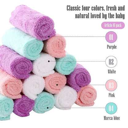 Cute Castle Ultra-Soft Baby Washcloths, 16 Pack - 9" by 9", Gentle on Sensitive Skin for Face and Body, Plush, Super Absorbent Wash Clothes for Girls and Boys, White+Pink+Purple+Frozen Blue