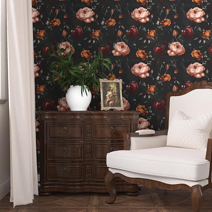 Dark Floral Wallpaper Peel and Stick, Black Vintage Orange/Pink Rose Contact Paper 17.5 x 393.7in, Waterproof Self Adhesive Flower Retro Boho Wall Paper for Bedroom Walls Cabinet Shelf Table Drawer