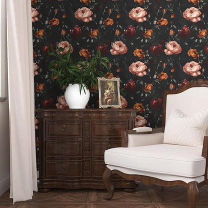 Dark Floral Wallpaper Peel and Stick, Black Vintage Orange/Pink Rose Contact Paper, Waterproof Self Adhesive Flower Boho Wall Paper for Bedroom Bathroom Walls Bookcase Shelf Table Drawer 17.5 x 118in