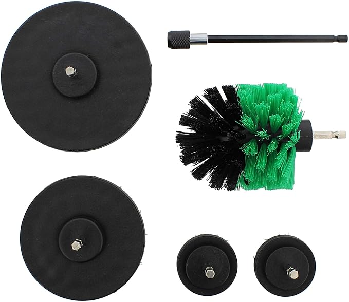 ABN 1/4in Drive Nylon Power Scrubber Drill Brush Attachment 5pc Set with 1pc Extension - Shower Cleaner, Spa Hot Tub Scrubber, Carpet Brush, Grout Cleaner for Home and Auto Car - Green Medium Bristle