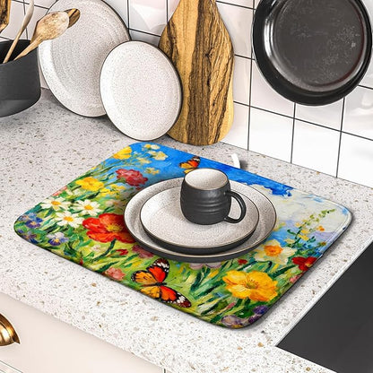 Floral Dish Drying Mat for Kitchen Counter 16x18 Spring Summer Theme Colorful Flower Butterfly Seasonal Absorbent Reversible Microfiber Drying Mats Kitchen Countertop Protector Dishes Drainer Pad