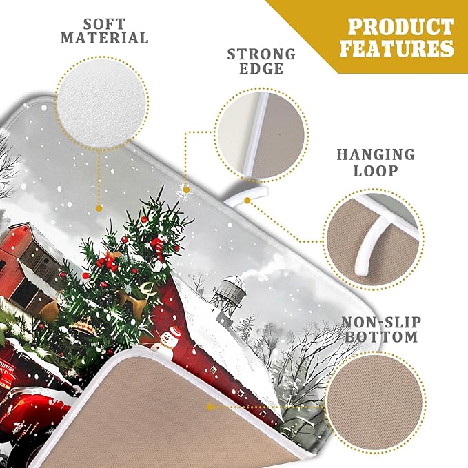 Christmas Red Truck Dish Drying Mat for Kitchen Counter 16x18 Inch Xmas Tree Snowman Dog Winter Print Absorbent Reversible Microfiber Drying Mats Kitchen Countertop Protector Dishes Drainer Rack Pad