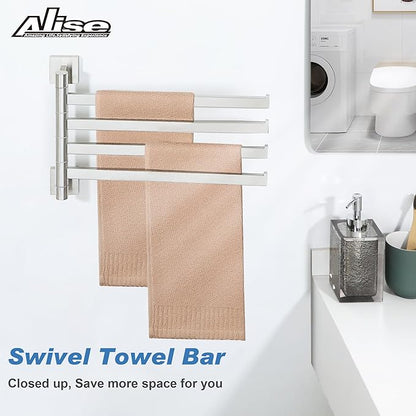 Alise Swivel Towel Rack, 4-Arm Towel Bar, Space Saving Towel Rack Wall Mount Drying Towel Holder, Swing Out Towel Holder for Bathroom Kitchen Toilet, Square SUS304 Stainless Steel, Brushed Nickel