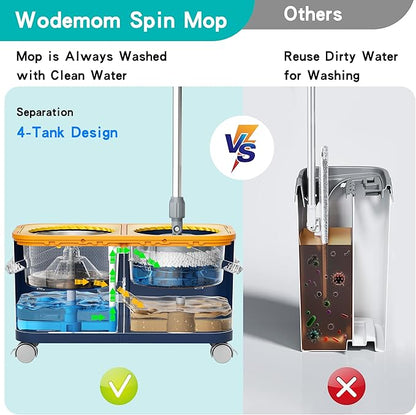 Compact Spin Mop and Bucket with Clean & Dirty Water System, Floor Mop with 360° Swivel Wheels, 61" Handle, 1 Reusable Mop Heads for for Wood, Tile, Vinyl, Baseboards- Blue/Yellow