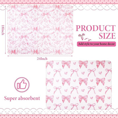SiliFine 2 Pcs Large Coquette Pink Bow Dish Drying Mat Large for Kitchen, 18 X 24 Inch Bow Absorbent Microfiber Coffee Bar Pad for Women Counter Kitchen Home Accessories Party Gifts