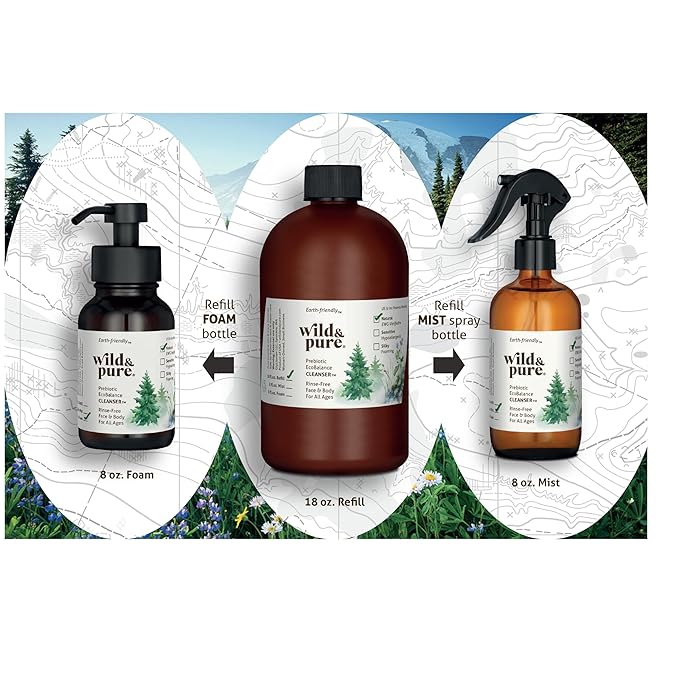 Wild & Pure Sensitive Skin Spray Body Wash (8oz) | Cleanser, Deodorizer, Moisturizer for Face, Hands, Body & Below the Belt | pH-Balanced, Microbiome-Friendly | EcoBalance Refillable Skincare