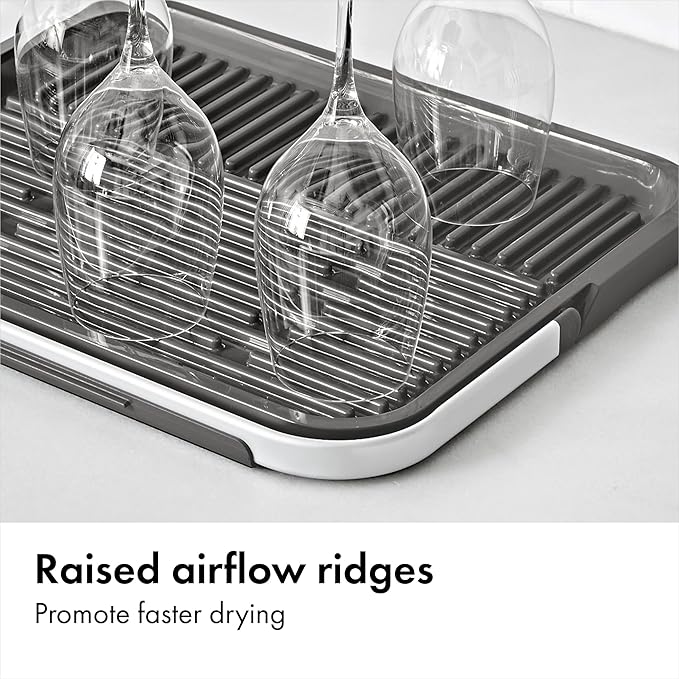 OXO Good Grips Compact Drying Rack with Dish Rest, Aluminum Folding Dish Drying Rack for Glassware and Cookware, Drain Board with Non-Slip Feet for Countertop or Kitchen Sink