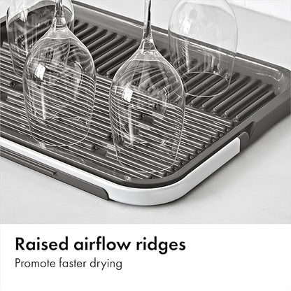OXO Good Grips Compact Drying Rack with Dish Rest, Aluminum Folding Dish Drying Rack for Glassware and Cookware, Drain Board with Non-Slip Feet for Countertop or Kitchen Sink