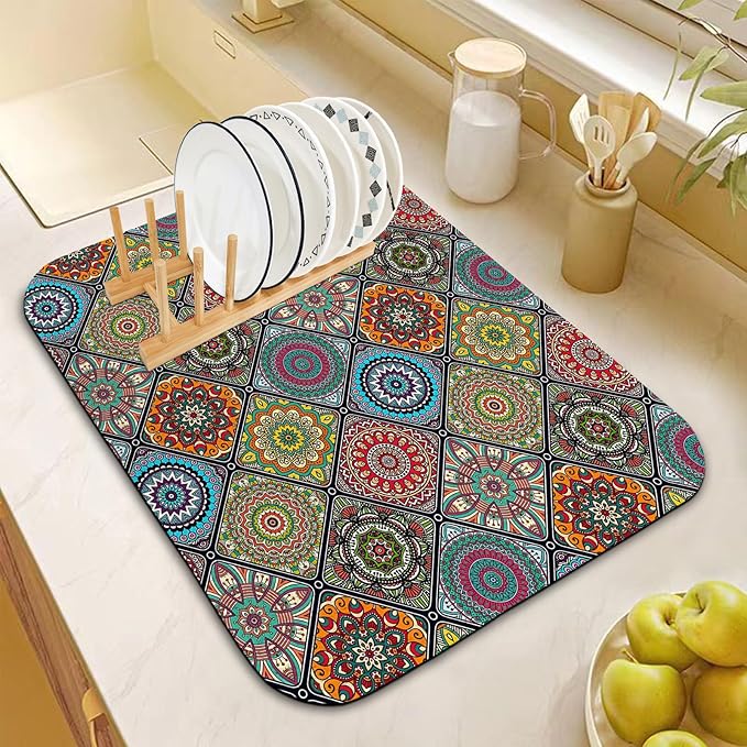 Dish Drying Mat for Kitchen Counter 16x18 Inch, Super Absorbent Dish Drainer Mat, Decorative Microfiber Dishes Drying Pad-Small(Plaid Boho)