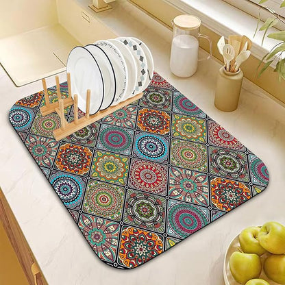 Dish Drying Mat for Kitchen Counter 16x18 Inch, Super Absorbent Dish Drainer Mat, Decorative Microfiber Dishes Drying Pad-Small(Plaid Boho)