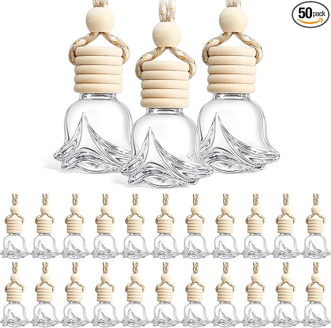 BBTO 50 Pcs Hanging Car Air Freshener Car Diffuser Bottles Empty Glass Perfume Bottle Freshener Diffuser Bottle Pendant for Essential Oil Fragrance Aromatherapy Ornament(Rose)