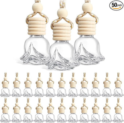 BBTO 50 Pcs Hanging Car Air Freshener Car Diffuser Bottles Empty Glass Perfume Bottle Freshener Diffuser Bottle Pendant for Essential Oil Fragrance Aromatherapy Ornament(Rose)