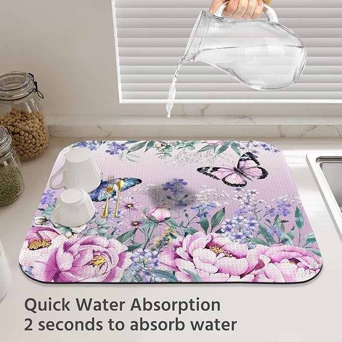 Dish Drying Mat for Kitchen Counter 18x24 Inch, Super Absorbent Dish Drainer Mat, Decorative Microfiber Dishes Drying Pad-Large(Purple Butterfly)