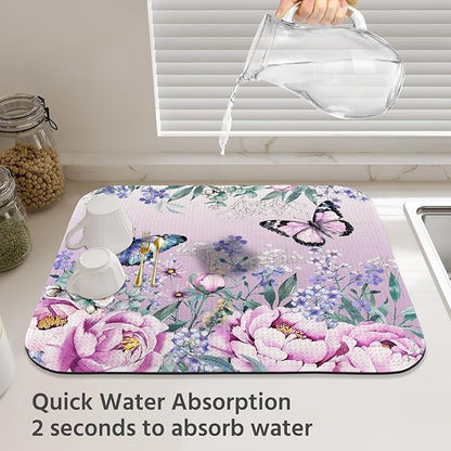 Dish Drying Mat for Kitchen Counter 18x24 Inch, Super Absorbent Dish Drainer Mat, Decorative Microfiber Dishes Drying Pad-Large(Purple Butterfly)