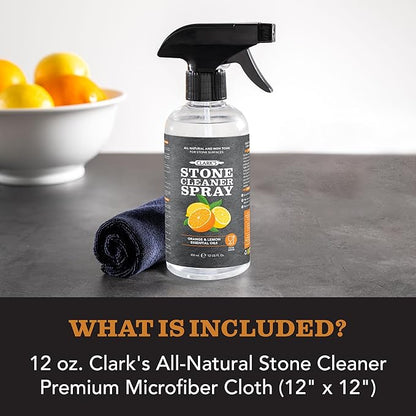 CLARK'S Natural Stone Spray Cleaner, with Microfiber Cloth for Soapstone, Granite, Quartz, Marble, & other Countertop Surfaces – Pure Ingredients to Keep Stone Protected, Citrus Oil Extracts, 12oz