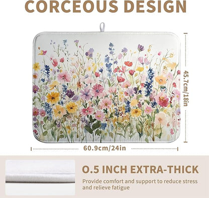 Spring Floral Dish Drying Mat for Kitchen Counter Summer Colorful Flower Kitchen Dishes Dryer Pad Absorbent Matt Microfiber Washable Foldable Reusable Large 18x24 in