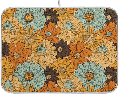 Super Absorbent Dish Drying Mat, Microfiber Fast-Drying Dish Mat, 16" x 18", Kitchen Dish Drying Pad, Retro Flower Daisy