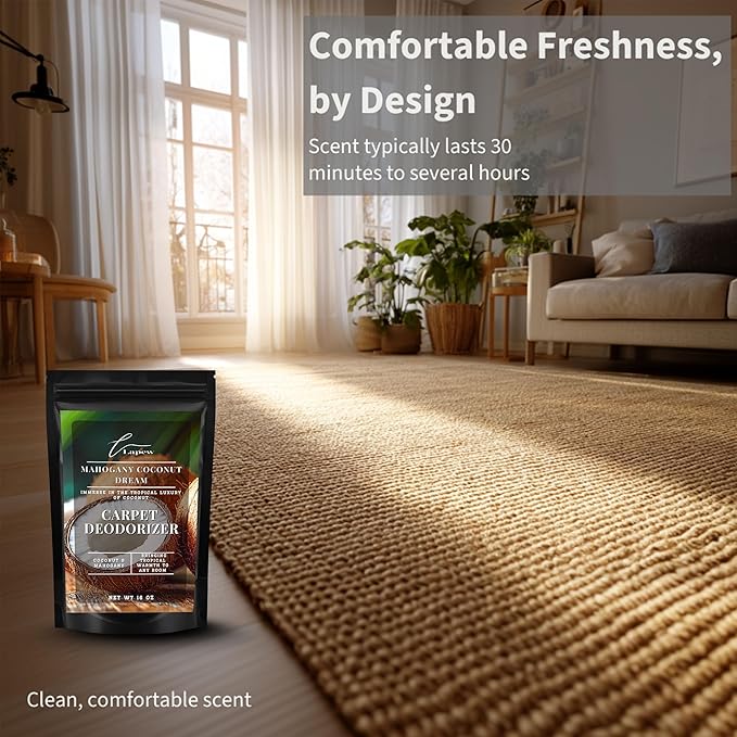 Lapew Mahogany Coconut Dream Carpet Deodorizer Powder - Pet Safe Freshener for Vacuuming | Scented Odor Eliminator for Home | 16 oz