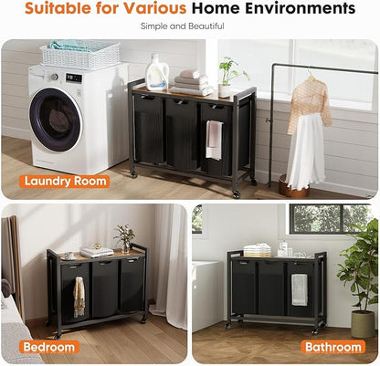 DUMOS Laundry Hamper with 3 Pull-Out Removable Sorter Bags, Movable Wheels, Freestanding Clothes Basket Organizer in Bathroom, 3 × 10.6 Gal (120L) Capacity, Rustic Brown and Black