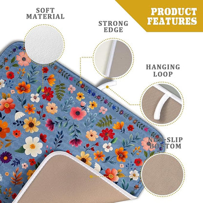 Lovely Flowers Dish Drying Mat - Blue Floral Kitchen Counter Microfiber Drying Pad 16 X 18 for Home Decor
