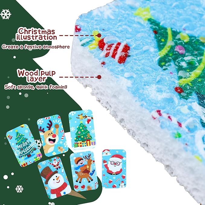 Christmas Theme Kitchen Sponge (12Pack) - Wood Pulp & Coconut Scrubber Sponges, High-Absorption Dishwashing Sponge with Festive Designs, Strong Cleaning for Dishes, Household Cleaning