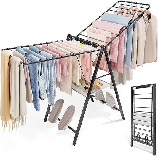 APEXCHASER Foldable Clothes Drying Rack, Metal Laundry Drying Rack Collapsible, Ultra Thin Clothes Rack for Sweater Bra Towel for Indoor & Outdoor Use, Height Adjustable Gullwing Clothes Airer, Black