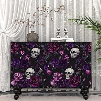 Fvlow Black Floral Wallpaper Peel and Stick 17.4" x 118" Gothic Floral Vintage Sugar Skull Contact Paper Removable Self Adhesive Waterproof Covering for Cabinet Drawers Home Decor