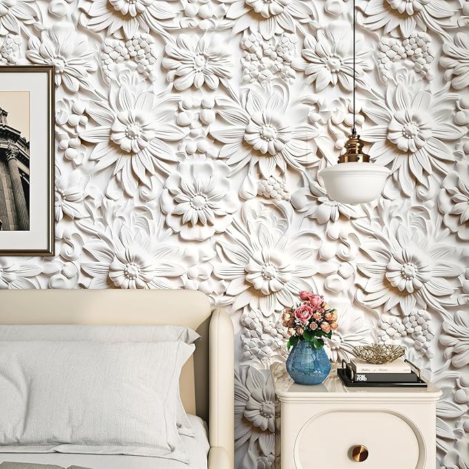 FunStick 17.5"x354" Cream White Peel and Stick Wallpaper Faux 3D Embossed Floral Wallpaper Self Adhesive Wallpapers for Bedroom Living Room Wall Panels White Floral Contact Paper for Walls Cabinets