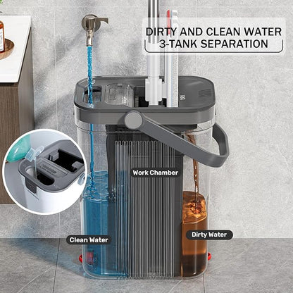 Dual Mop and Bucket Set, Flat Mop and Bucket System with Separate Dirty and Clean Water, 3-Compartment Wall Cleaner Mop, Flat Mops for Floor Cleaning with 6 Microfiber Pads