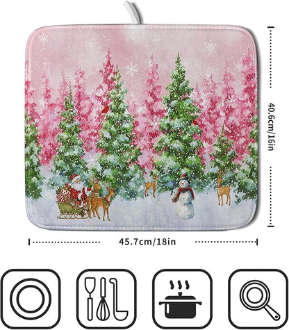 Santa Claus Dish Drying Mats for Kitchen Counter Watercolor Forest Decoration Coffee Mat for Table Decor