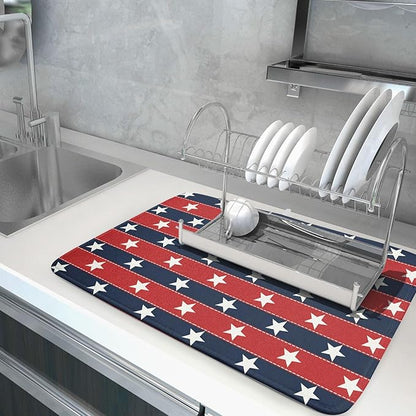 Patriotic Star Stripes Red Blue Dish Drying Mat For Kitchen Counter 4th of July Independence Memorial Day USA Microfiber Absorbent Drying Mats Reversible Kitchen Countertop Drainer Pad 18x24 Inch
