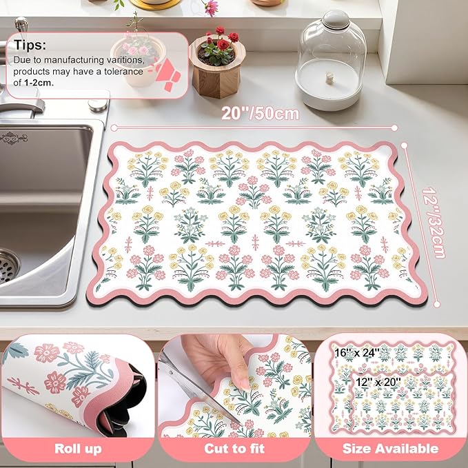 LOKHOM Scalloped Floral Dish Drying Mat, 12"x20" Super Absorbent Coffee Mat with Unique Pink Pastoral Floral, Cuttable Hide Stain Non-slip Drying Mat for Kitchen Counter Coffee Maker Espresso Machine