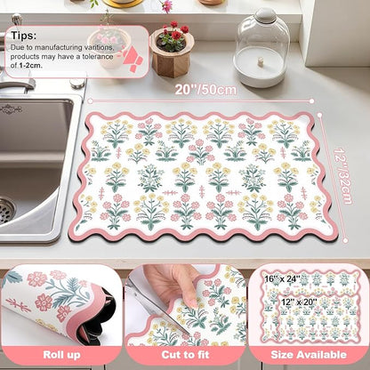 LOKHOM Scalloped Floral Dish Drying Mat, 12"x20" Super Absorbent Coffee Mat with Unique Pink Pastoral Floral, Cuttable Hide Stain Non-slip Drying Mat for Kitchen Counter Coffee Maker Espresso Machine