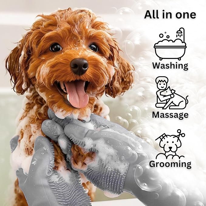 Dog Washing Gloves with Bristle Scrubbers, Reusable Silicone Gloves Ideal for Pet Bathing, Massaging & Grooming (Gray)
